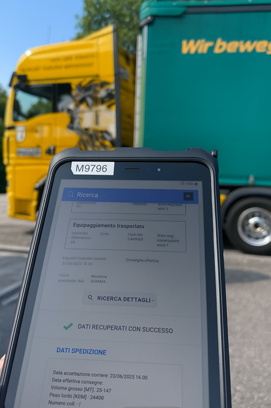 Smartphone mit Frachtinformation vor einem LKW