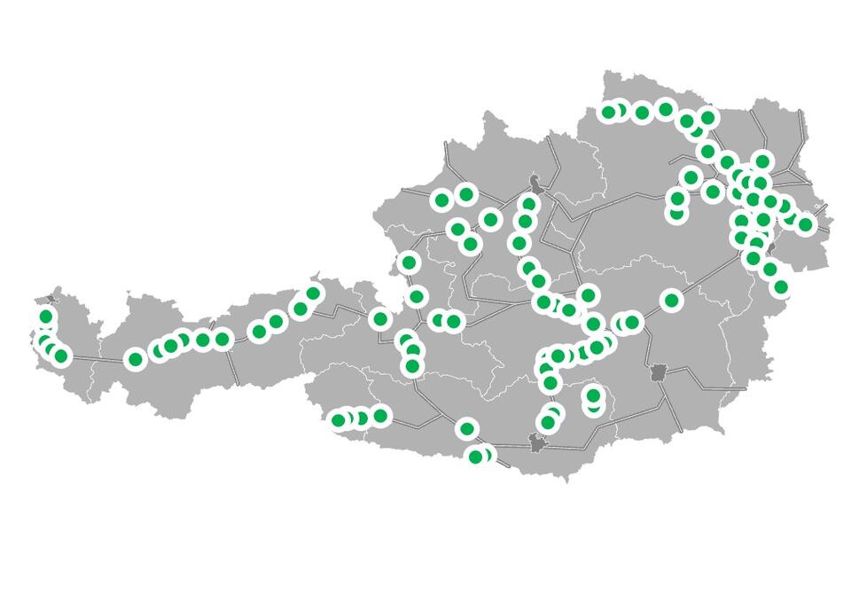 Die Österreichkarte verortet die Vorhaben im Streckennetz der ÖBB-Infrastruktur AG in allen neun Bundesländern.