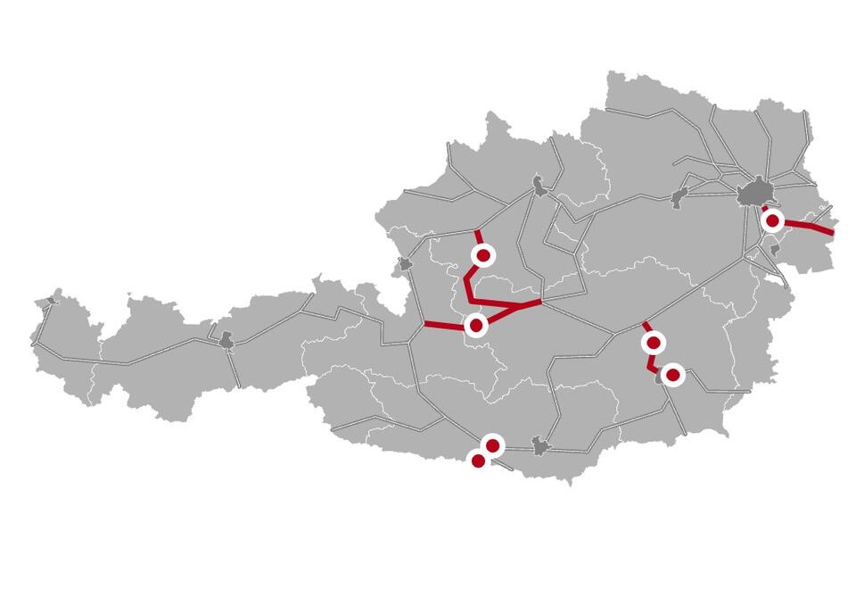 Österreichkarte mit Vorhaben im Streckennetz der ÖBB-Infrastruktur AG in Burgenland, Kärnten, Oberösterreich, Niederösterreich, Salzburg, Steiermark.