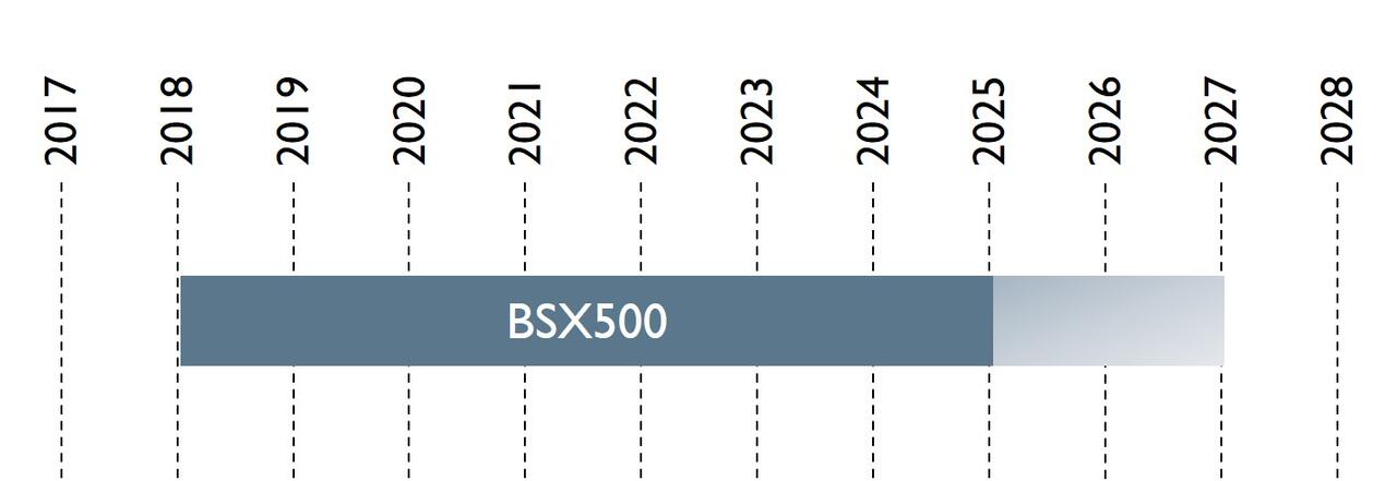 Zeitachse mi Projektbeginn und -abschluss dargestellt. Der Zeitraum reicht von 2018-2025, Verlängerung von 2 Jahren ist grau dargestellt.