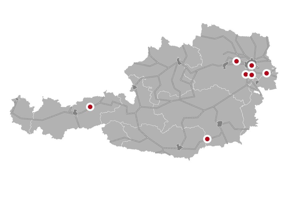 Die Österreichkarte verortet die Vorhaben im Streckennetz der ÖBB-Infrastruktur AG in Kärnten, Niederösterreich, Oberösterreich, Steiermark und Wien.