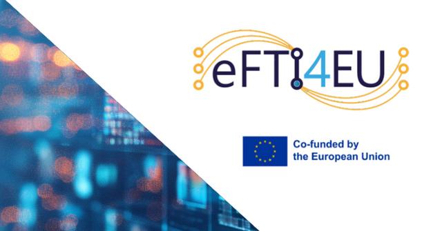 Das Logo von eFTI4EU mit dem EU-Logo auf weißem Hintergrund, auf den Seiten dynamischer Hintergrund, der die vernetzte Welt widerspiegelt