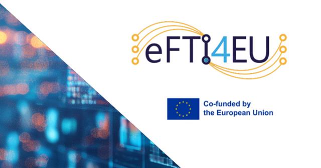 Das Logo von eFTI4EU mit dem EU-Logo auf weißem Hintergrund, auf den Seiten dynamischer Hintergrund, der die vernetzte Welt widerspiegelt