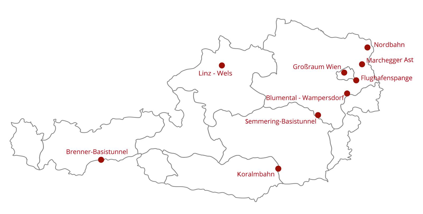 Österreich-Karte mit eingezeichneten Baustellen
