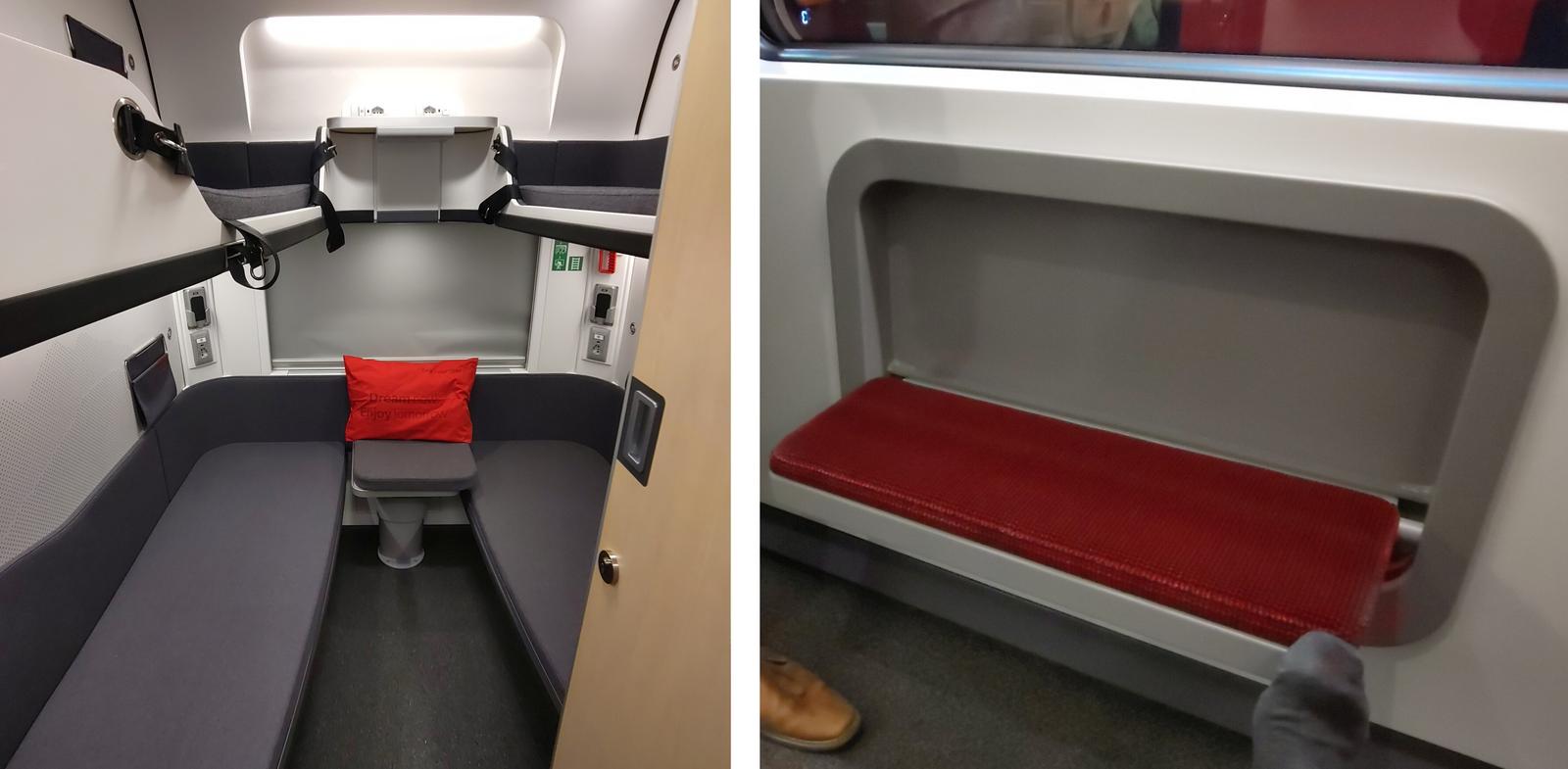 ÖBB Schlafwagen. Links: 4 Schlafmöglichkeiten und 1 Sitz. Rechts: Ausklappbare Sitzbank