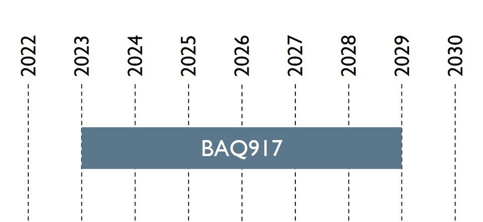 Auf einer Zeitachse werden Projektbeginn und -abschluss dargestellt. Der Zeitraum reicht von 2023-2029.