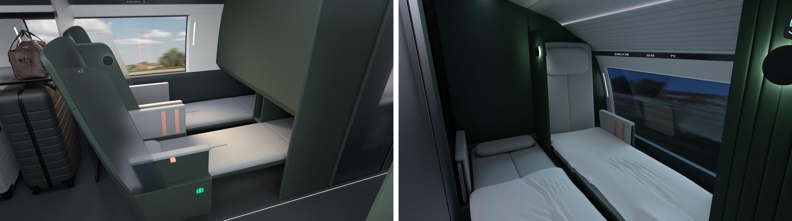 Rechts: Platzsparende horizontale Schlafgelegenheit. Links: Platz für zwei Passagiere auf dem Oberdeck im Nachtmodus.