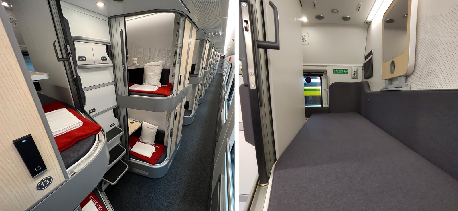 ÖBB Mini Cabins. Links: Gangblick auf 2 Mini Cabins oben und 2 Mini Cabins unten